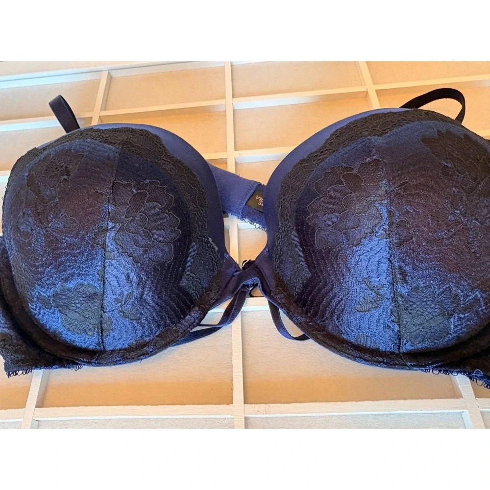 NWT Victoria's Secret Very Sexy Cobalt Blue Black Floral Lace Push-Up Bra 36D